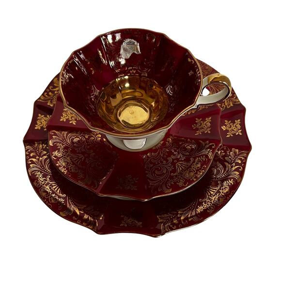 VTG Alka Kunst Bavaria 22K Gold Burgundy Tea Cup & Saucer Maroon Floral Scroll - Picture 2 of 10